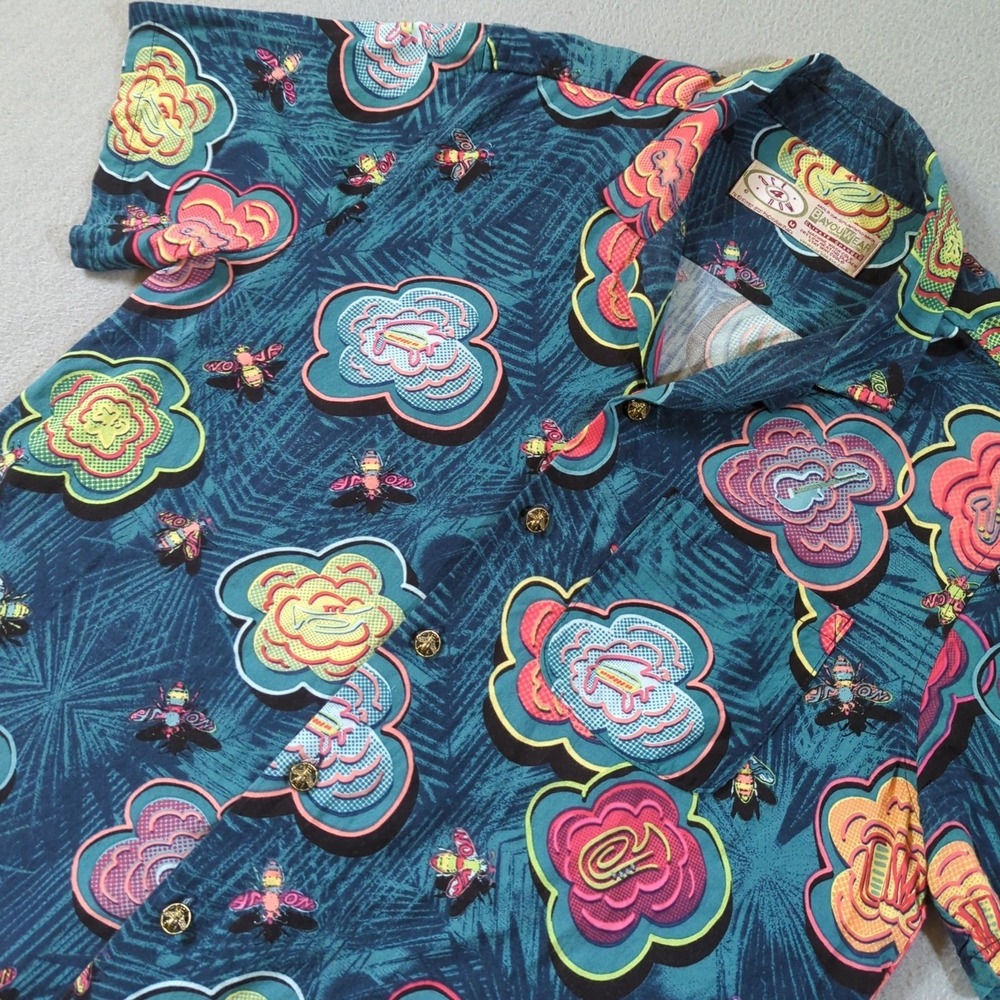 BayouWear Jazz Fest Shirt Mens Medium Teal BeeBop Buzz Rayon USA